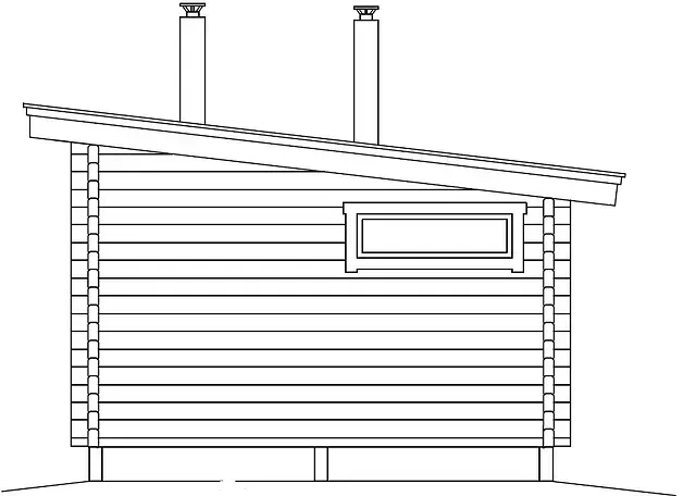 Sidovy av en liten träbastu med snedtak, fönster och två skorstenar.