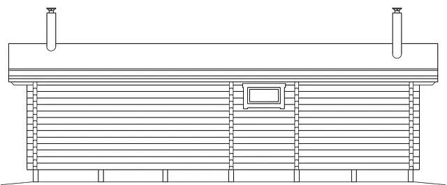 En svartvit sidovy av en timmerstuga med två skorstenar.