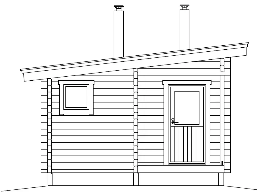 Black and white elevation of a small wooden cabin with a slanted roof, a door, a window, and two chimneys.