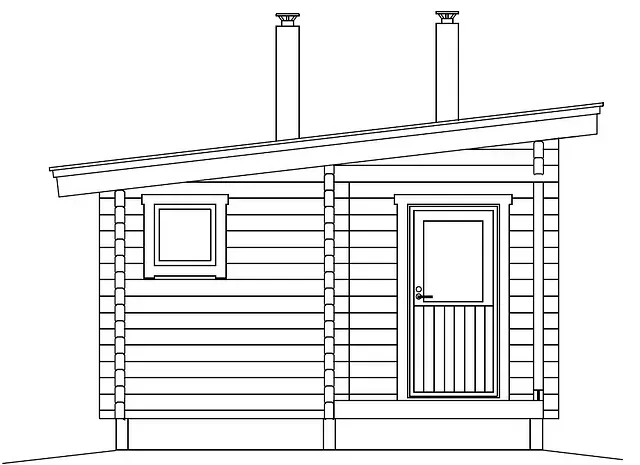 Sidovy av en liten trästuga med sluttande tak, skorsten, dörr och fönster.