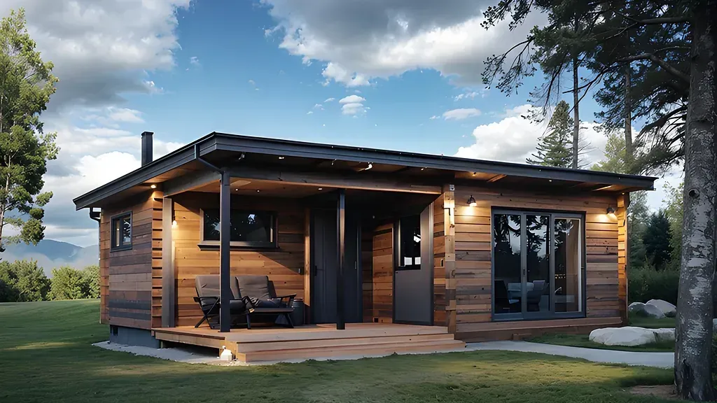 Trästuga med veranda och mörka inramade fönster på grön gräsmatta, bergsbakgrund.