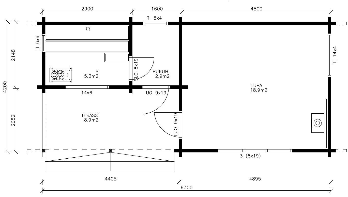 Floor plan of a small log cabin with two rooms, a bathroom, and an open area. Dimensions are labeled.