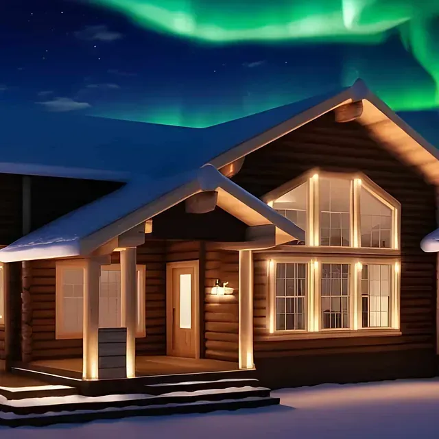 Gemütliche Hütte unter dem grünen und blauen Nordlicht. Schnee bedeckt den Boden und das Dach.