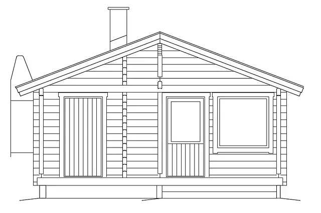 Timmerstuga med veranda, dörr, fönster och skorsten.