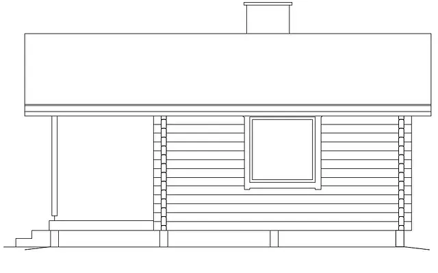 Fasad av en timmerstuga med veranda och skorsten.