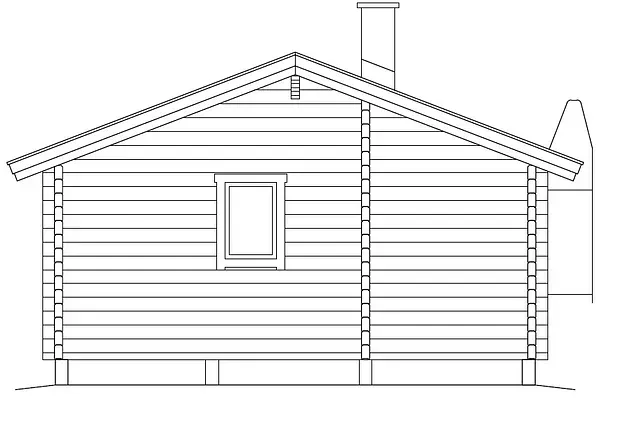 Sidovy av en timmerstuga med skorsten och fönster.