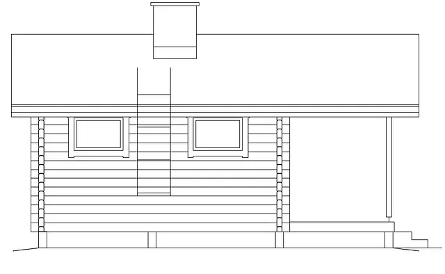 Fasadritning av en liten stuga med skorsten, två fönster, stege och veranda.