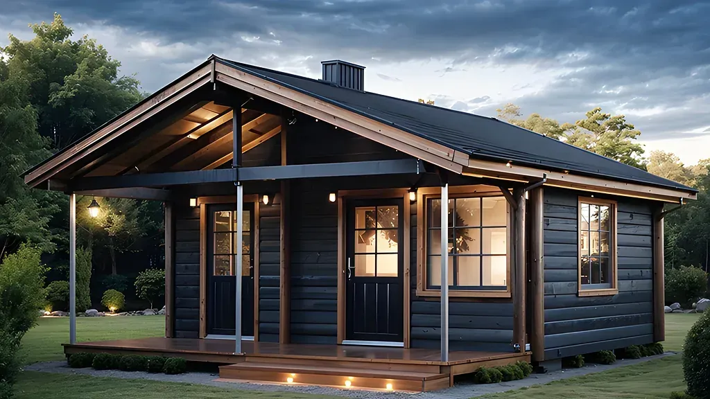 Liten mörk stuga med veranda, upplyst inifrån; belägen bland träd.