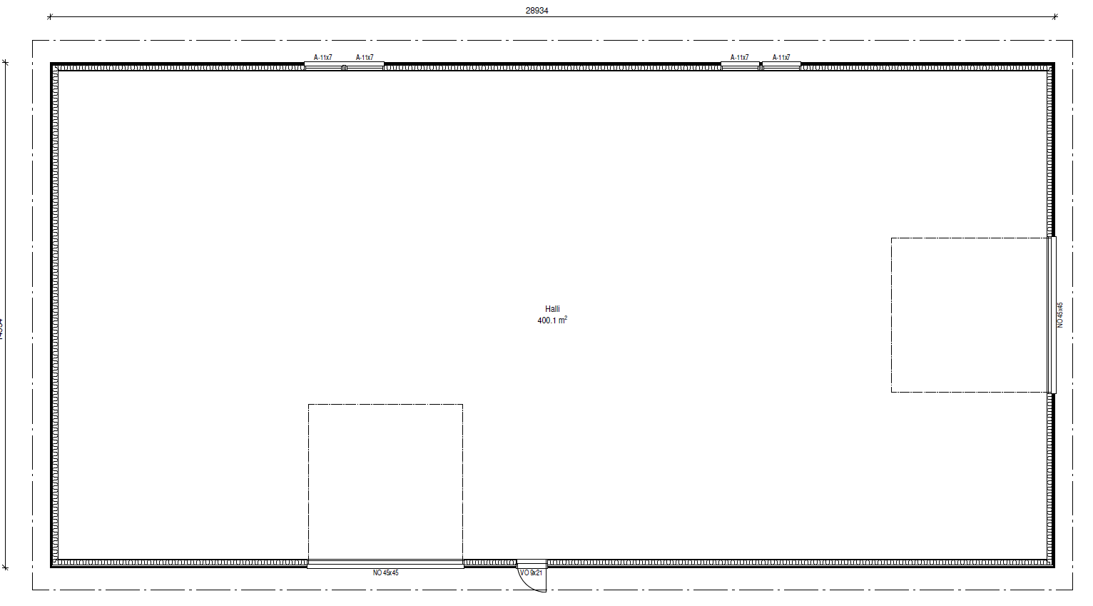 Ovanifrånvy av en rektangulär byggnad med en mindre rektangulär sektion.