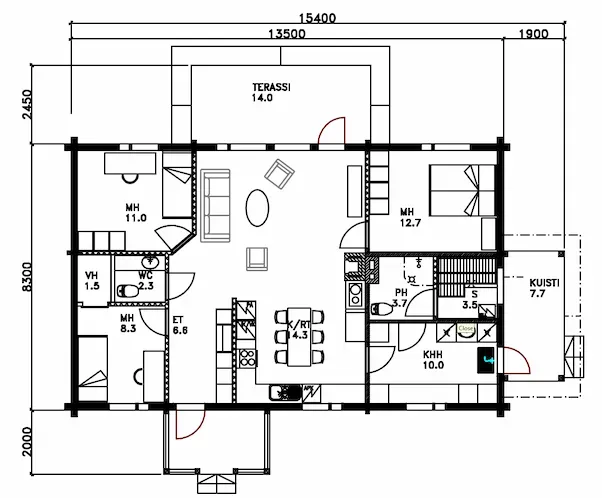 Grundriss einer einstöckigen Blockhütte mit Maßangaben. Enthält auf Finnisch beschriftete Räume.