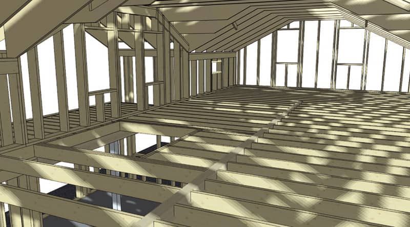 Framed wooden interior of a building under construction, showing walls, ceiling, windows, and floor beams.