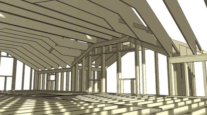 Framing of a building interior with wooden beams, studs, and rafters, depicting construction of a roof and walls.