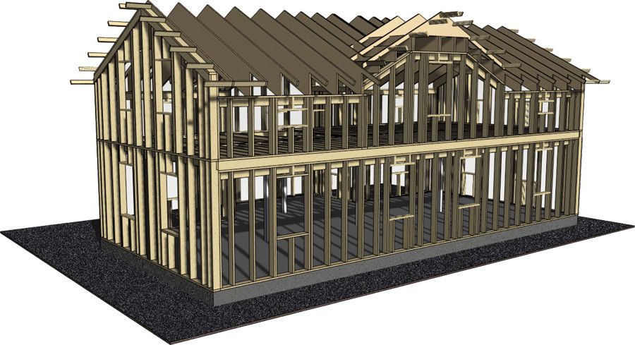 Framed two-story house under construction; wood beams, roof rafters, windows, and doors visible.