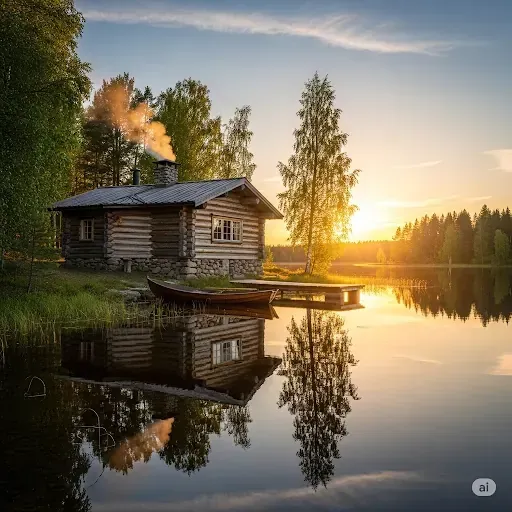 Kaunis, perinteinen pyöröhirsitalo järven rannalla Suomessa.