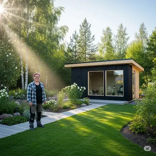 Bastustuga i timmer under 30 kvadratmeter färdig på gården – en typisk byggnad som uppförs utan bygglov i Finland.