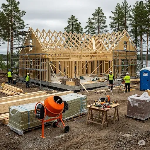 Omakotitalon rakennustyömaa, jossa eri työvaiheet ovat käynnissä, symboloiden rakentamisen monia kulueriä.