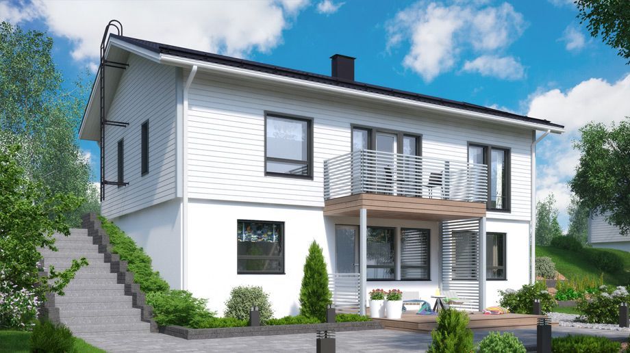 Zweistöckiges weißes Haus mit schwarzem Dach, Balkon, Fenstern und Landschaftsgestaltung an einem sonnigen Tag.