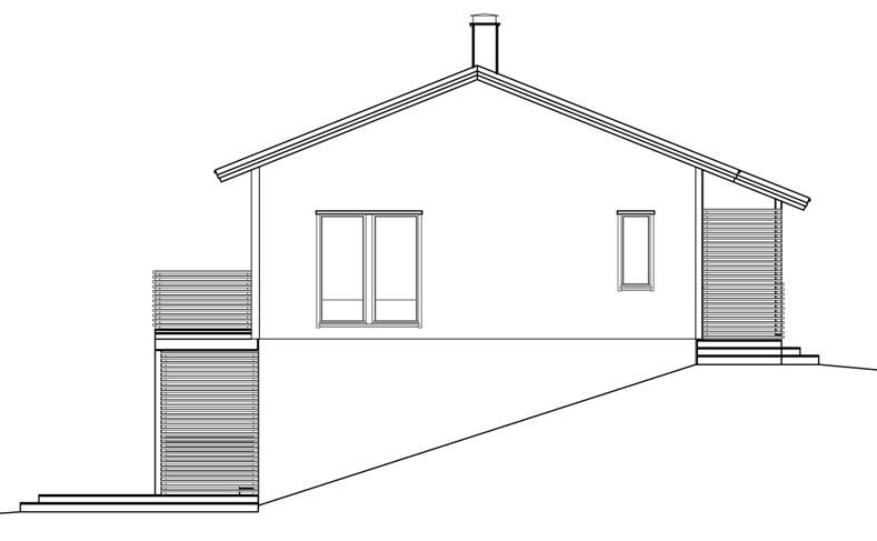 Seitenansicht eines Hauses auf einem Hanggrundstück mit Satteldach, Schornstein, Fenstern und einer Terrasse mit Treppe.