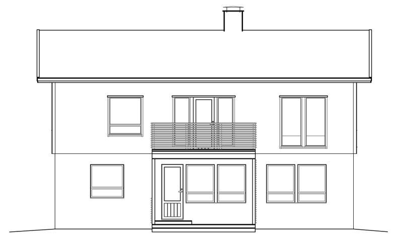 Aufrisszeichnung eines zweistöckigen Hauses mit Balkon und Veranda. Weiße Wände, Fenster und Schornstein.
