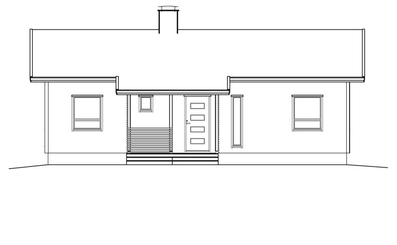 Vorderansicht eines kleinen weißen Hauses mit Veranda, Fenstern und Schornstein.