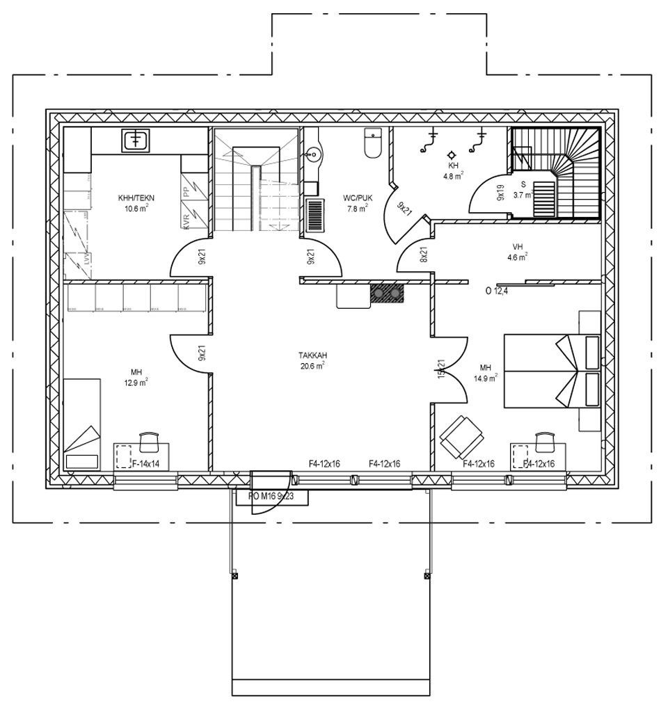 Grundriss eines Hauses mit Räumen wie Küche, Wohnzimmer, Schlafzimmern und Treppen.