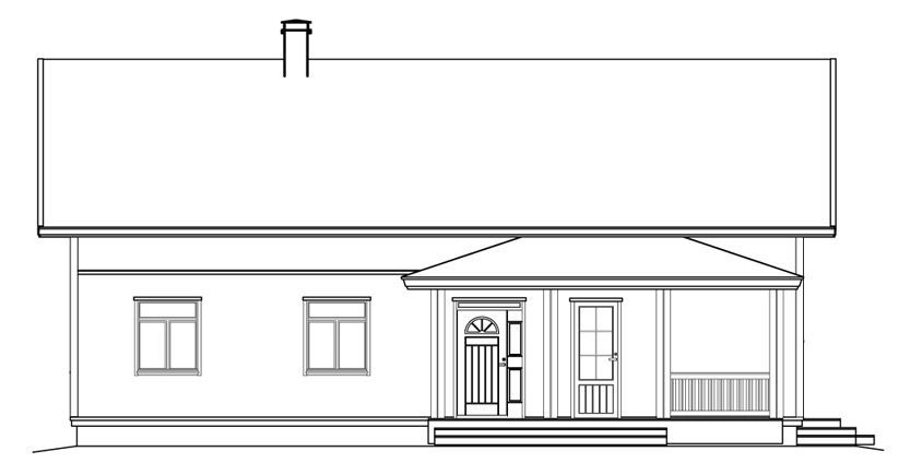 Sidevisning av et enetasjes hus med veranda og to vinduer.