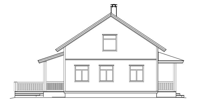 Sidevisning av et hus med veranda til venstre og en inngang til høyre, og en skorstein på taket.