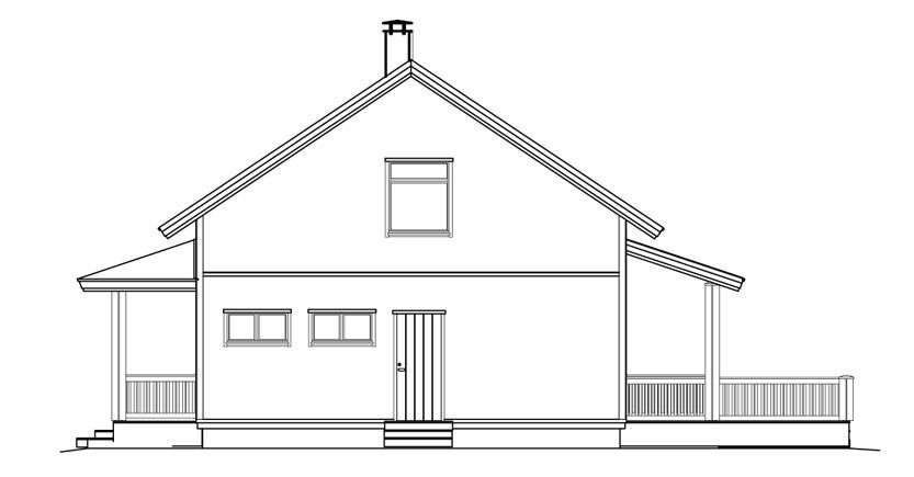 Sidevisning av et hvitt hus med saltak, skorstein, veranda, vinduer og en dør.