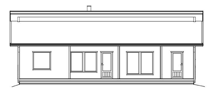 Linjetegning av et enkelt huseksteriør med vinduer, dører og en skorstein.