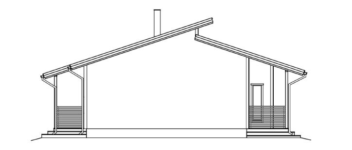 Arkitektonisk tverrsnittstegning av et hus med skråtak, skorstein og verandatrinn på begge sider.