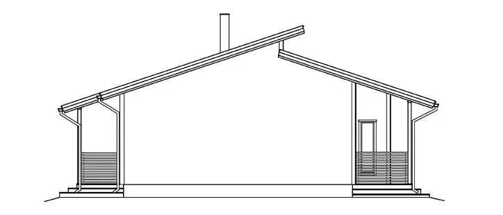 Architektonischer Querschnitt eines Hauses mit schrägem Dach, Schornstein und Veranden auf beiden Seiten.