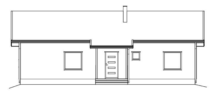Fasadetegning av et hus med saltak, sentrert inngangsdør og vinduer.