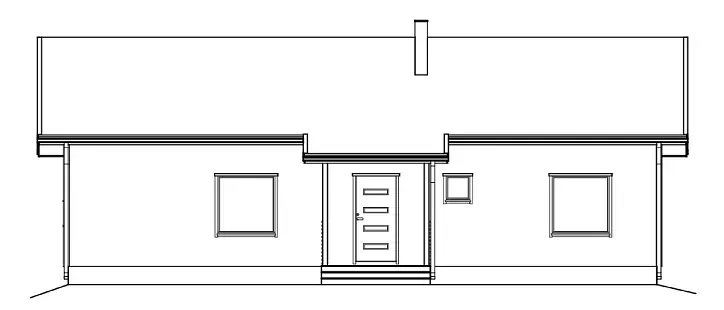 Aufrisszeichnung eines einstöckigen Hauses mit Haustür, Fenstern und Schornstein.