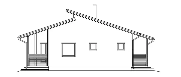 Aufrisszeichnung eines Hauses mit einzigartiger Dachlinie, Veranda und Schornstein.