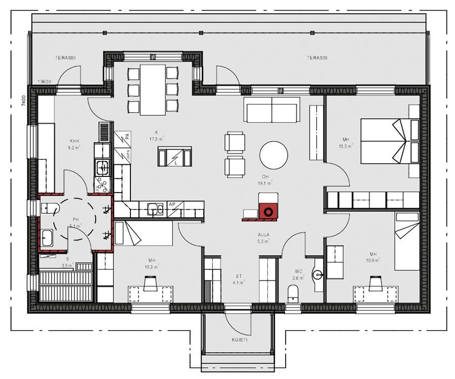 Plantegning av et hus: stue, spisestue, kjøkken, soverom, bad, terrasse. Grå vegger, møbelkonturer, merkede rom.