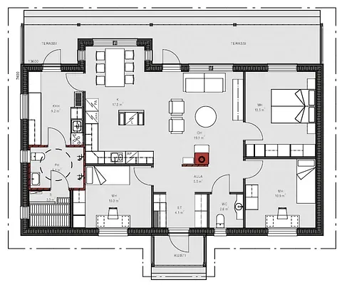Grundriss eines Hauses mit Küche, Wohnzimmer, Schlafzimmern und Terrasse.