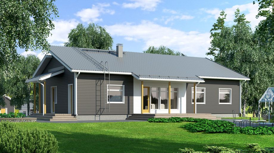 Modernes Haus mit grauen Fassaden, grauem Dach und weißen Zierleisten, auf einem grünen Rasen mit Bäumen unter blauem Himmel.