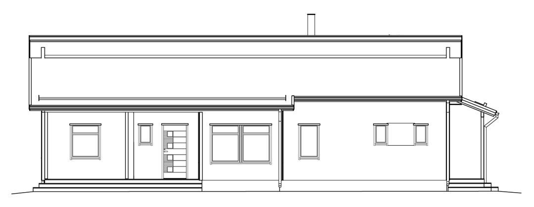Architekturzeichnung eines modernen Hauses mit Flachdach, Fenstern und einer kleinen Veranda.
