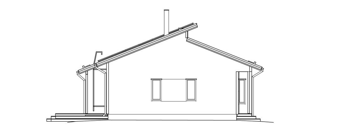 Eine architektonische Seitenansichtszeichnung eines einfachen Hauses mit Satteldach, Fenstern und Schornstein.