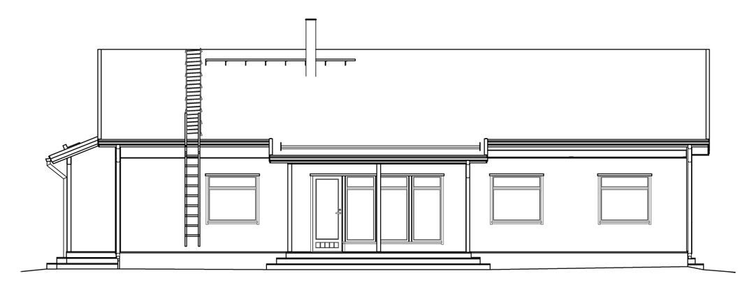 Arkitektonisk tegning av en enkel bygning i én etasje med vinduer, dører og en stige på taket.