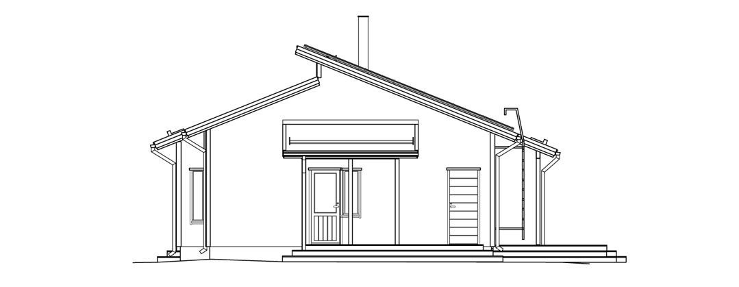 Architekturzeichnung eines Hauses mit Satteldach, Veranda und Fenster.
