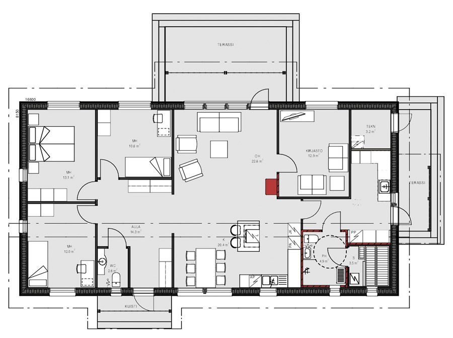Plantegning av et hus, som viser rom, møblement og inngangspartier.