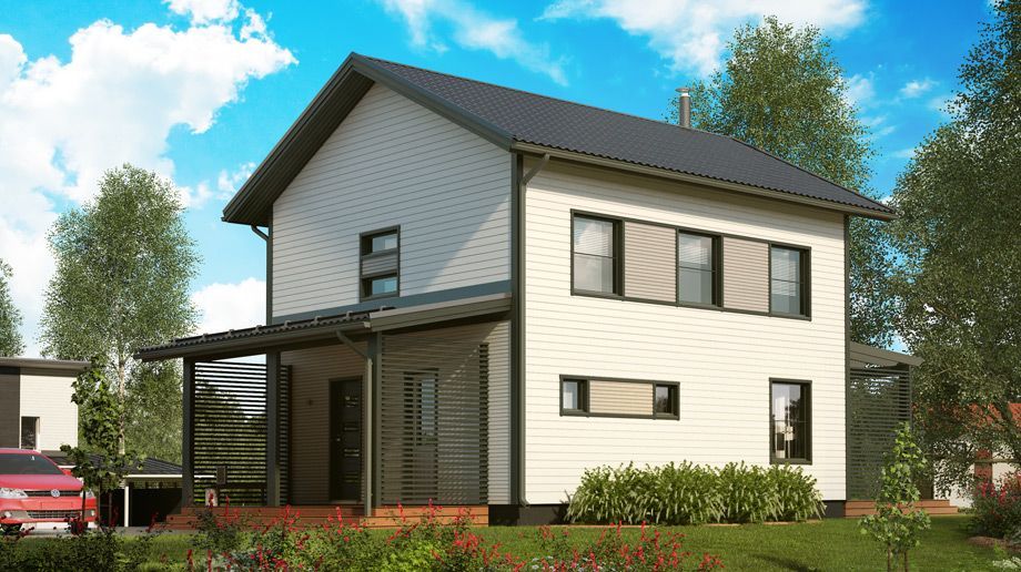 Zweistöckiges weißes Haus mit schwarzem Dach und Zierleisten, überdachter Veranda, vor einem blauen Himmel mit Wolken.