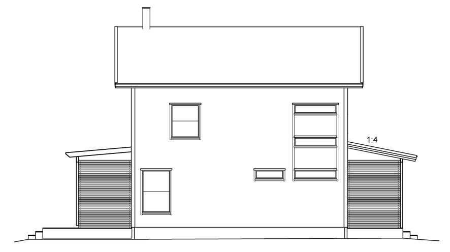 Seitenansicht eines weißen Hauses mit Schrägdach. Mit zwei kleinen Schuppen, Fenstern und einem Schornstein.