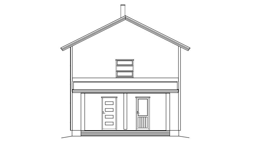 Architekturzeichnung eines Hausquerschnitts; zeigt Fassade mit Türen, Fenster, Schornstein und Dach.