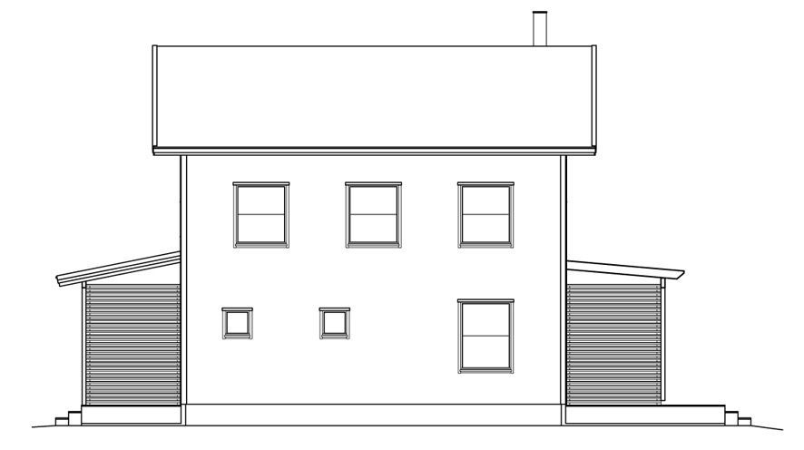 Seitenansicht eines zweistöckigen Hauses mit Fenstern und Schrägdach sowie zwei überdachten Seitenanbauten.