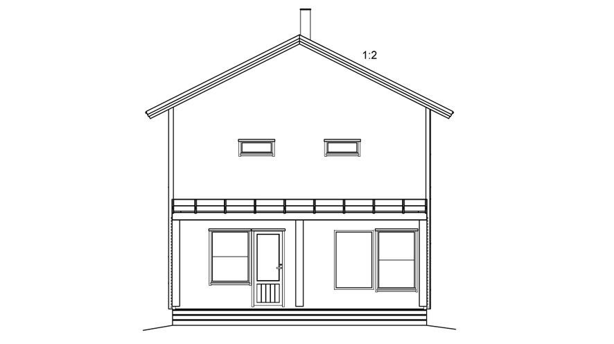 Aufrisszeichnung eines zweistöckigen Hauses mit Schrägdach, Balkon, Fenstern und Schornstein.