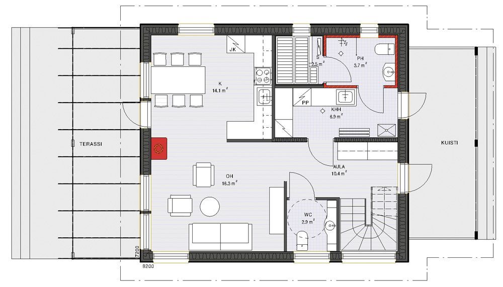 Plantegning av et hus med spiseplass, kjøkken, stue, trapper og bad.