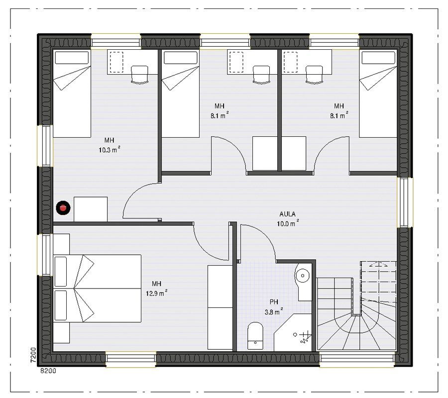 Plantegning av et hus med tre soverom, et bad og en trapp; grått og hvitt.