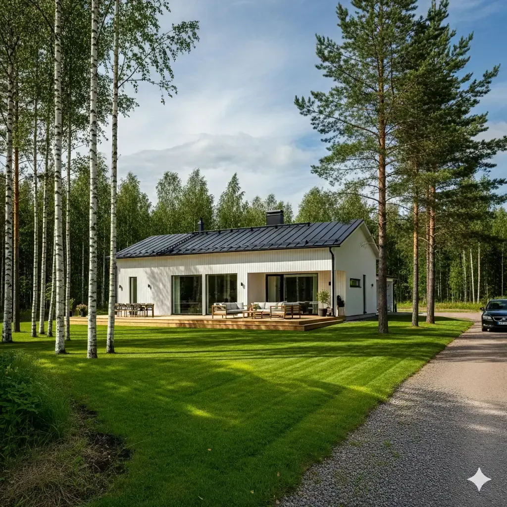 Moderni valkoinen talo mustalla katolla, puiden ja nurmikon ympäröimänä. Edessä on soratie.